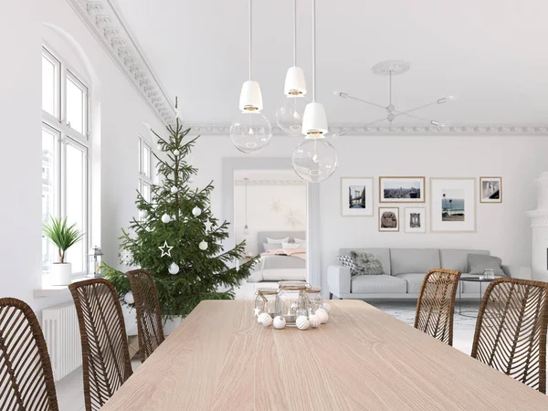 3D-Illustration. new nordic living room with a christmas tree.