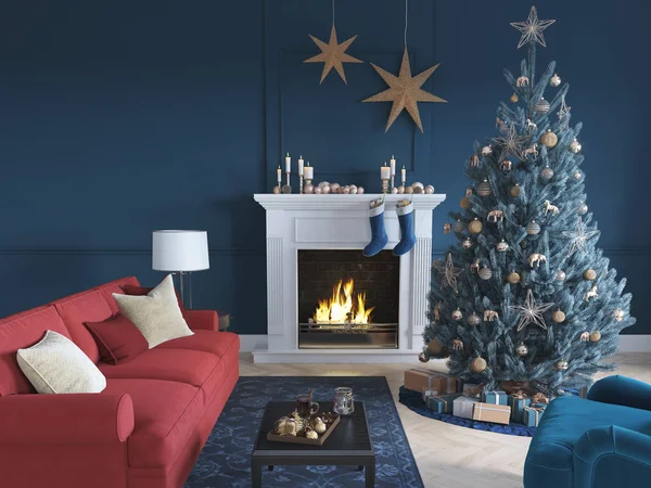 3d-εικονογράφηση. Χριστουγεννιάτικη σκηνή με διακοσμημένο δέντρο και τζάκι. — Φωτογραφία Αρχείου