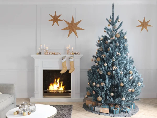 Illustrazione 3D. scena natalizia con albero decorato e camino . — Foto Stock