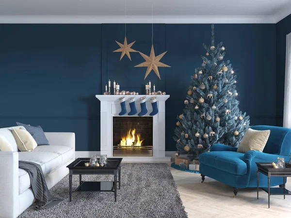 Illustration 3D. scène de Noël avec arbre décoré et cheminée . — Photo