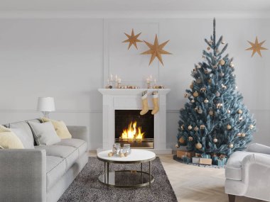 3d-Illustration. Süslü ağaç ve şömineli Noel sahnesi.