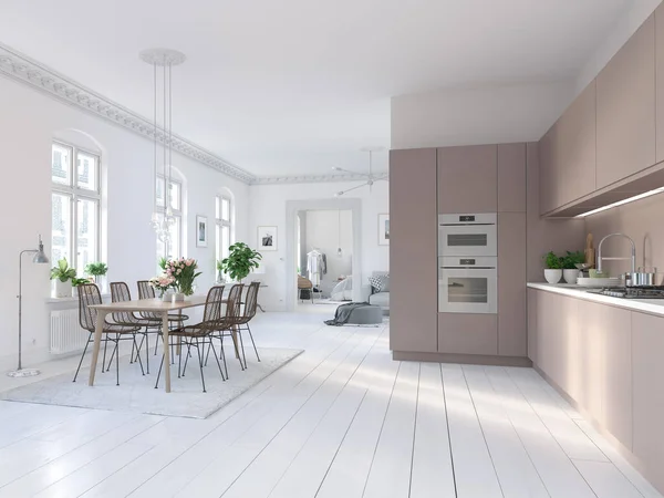 Ilustración en 3D de una cocina nórdica en un aparamento moderno —  Fotos de Stock