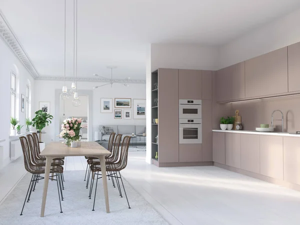 Modern apartmandaki bir İskandinav mutfağının 3 boyutlu görüntüsü — Stok fotoğraf