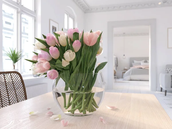 3D-Illustratie. tafel met tulpen in moderne woonkamer — Stockfoto