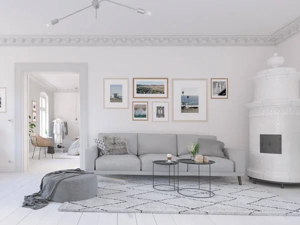 Ilustración 3D. sala de estar moderna en apartamento nuevo y luminoso —  Fotos de Stock