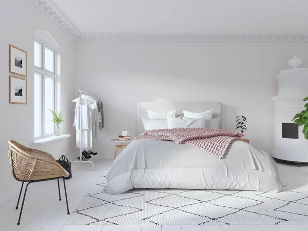 Ilustración 3D. dormitorio moderno de estilo nórdico en apartamento luminoso —  Fotos de Stock