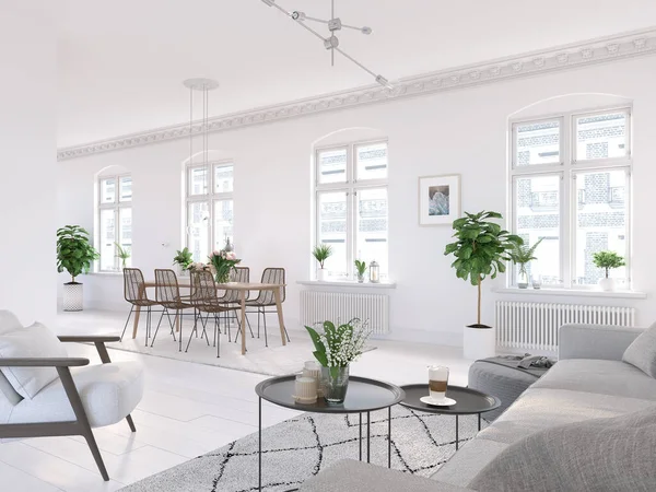 Illustrazione 3D. moderno soggiorno in luminoso appartamento nuovo — Foto Stock