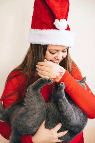 Ein Teenager-Mädchen mit einem flauschigen grauen britischen Kätzchen — Stockfoto