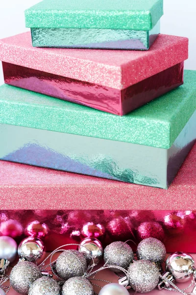 Pastel suave pastel rosa e verde caixa de prata de hortelã definido para presente de Natal — Fotografia de Stock