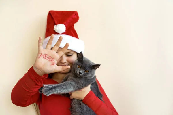Ein jugendliches Mädchen mit rotem Weihnachtsmann-Hut und rotem Pullover, das ein graues Kätzchen hält — Stockfoto