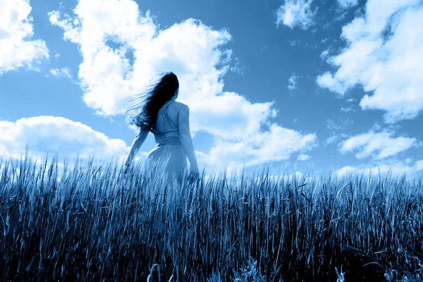 Long-haired woman in a dress on a field of blue wheat — Stock Photo, Image