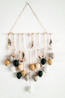 Asılı kompozisyon, bıldırcın yumurtası ve tüylerinin rüya avcısı.