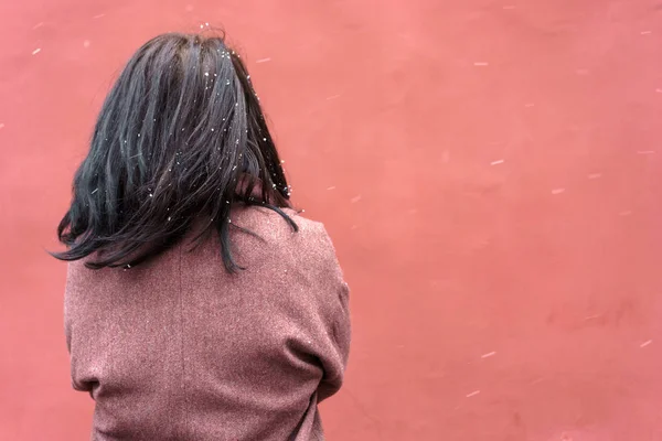 Πορτρέτο μιας γυναίκας σε μπορντό παλτό με μακριά μαύρα μαλλιά θέα από πίσω — Φωτογραφία Αρχείου