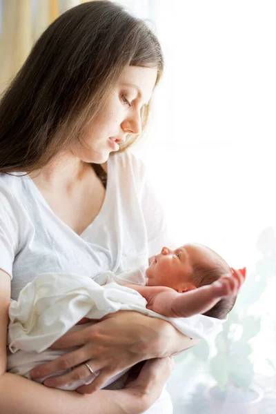 Una madre con un bebé recién nacido en sus brazos lo está amamantando —  Fotos de Stock