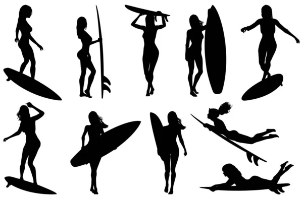 女性サーファー孤立シルエット ウォータースポーツサーフィンアクションポーズ — ストックベクタ