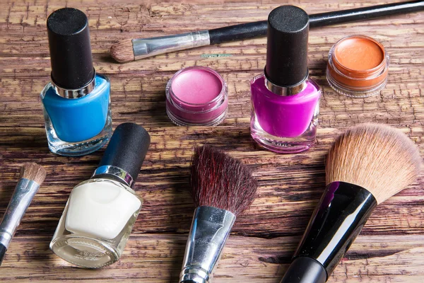 Group of bright nail polishes, lipstick, lipstick balm and brush — Φωτογραφία Αρχείου