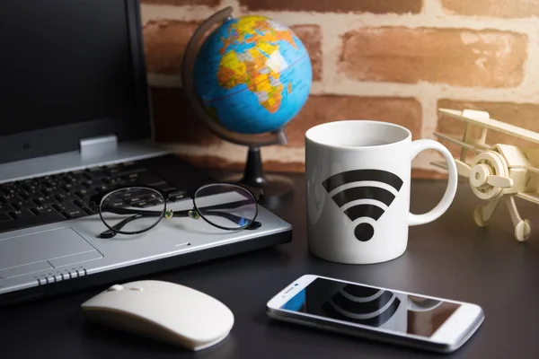 Table of office stuff Business man with Laptop, Wireless mouse,