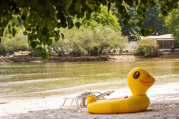 黄鸭游泳管在海滩充气鸭。梦幻般的游泳 — 图库照片