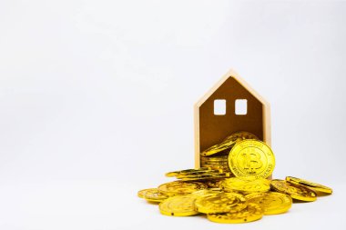 Ahşap ev oyuncak Cryptocurrency altın bitcoins sikke üzerinde beyaz üzerinde