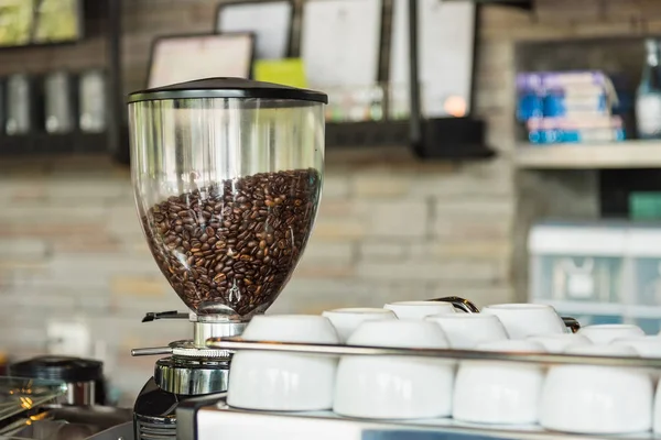 Granos de café frescos en una máquina de café en un café, focu selectivo — Foto de Stock
