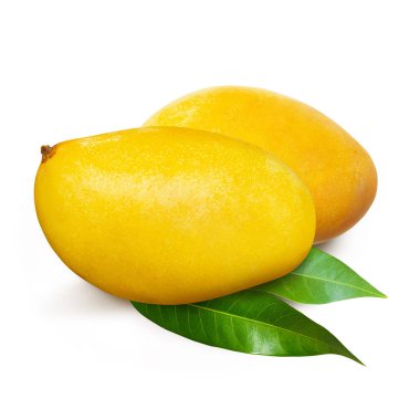 Beyaz arkaplanda yaprakları olan sarı mango