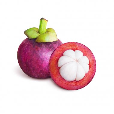 Beyaz arka plan üzerinde izole lezzetli tropikal mangosten meyve. Kalın kırmızımsı kahverengi kabuklu içine et, tatlı sulu beyaz parçalarla tropikal meyve