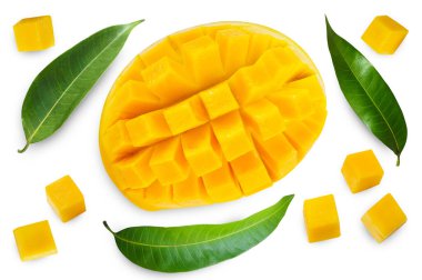 Beyaz arkaplanda yaprakları olan sarı mango