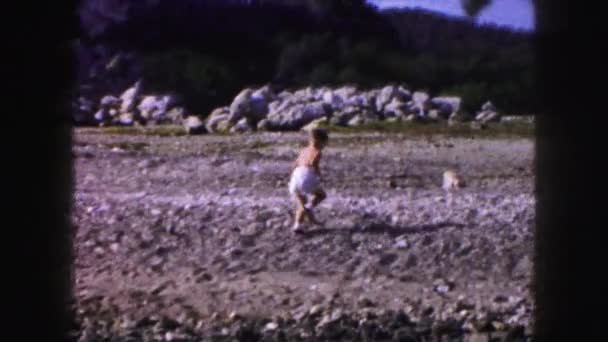 Kid running on rocky beach — Stock Video