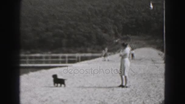 Женщина играет с собакой на открытом воздухе — стоковое видео