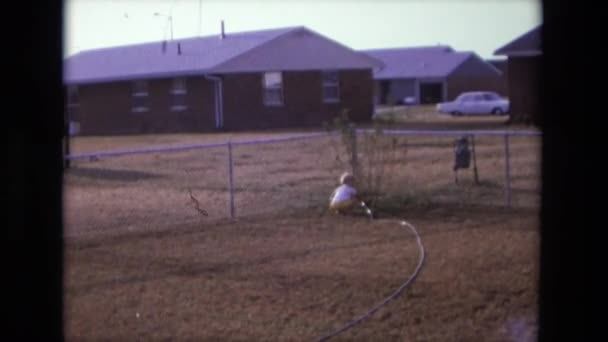 Pequeño niño riego planta en el patio trasero — Vídeo de stock