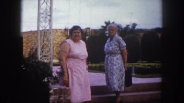 Две пожилые женщины стоят снаружи — стоковое видео