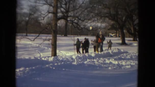 Barn skidor i snöig park — Stockvideo