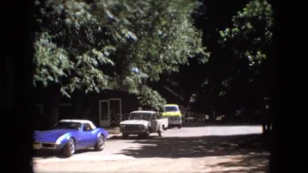 Samochody zaparkowane w pobliżu przez woody gospodarstwa domowego — Wideo stockowe