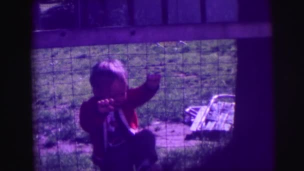 Το παιδί κλαίει και προσπαθεί να πάρει πάνω από το φράχτη — Αρχείο Βίντεο