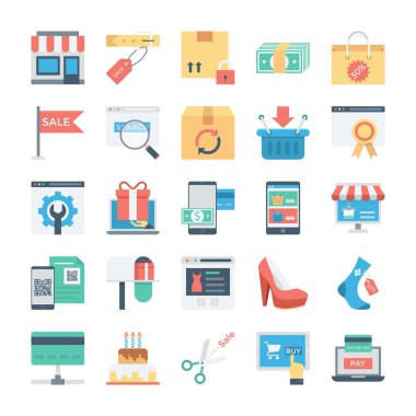 Alışveriş ve e-ticaret renkli vektör simgeler 7