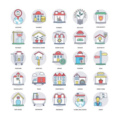 7 gayrimenkul düz çizgi Icons Set