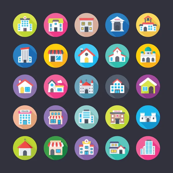 Buildings Flat Colored Icons Set 1 — Stock Vector