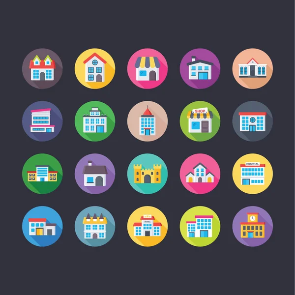 Conjunto de ícones coloridos planos de edifícios 9 — Vetor de Stock