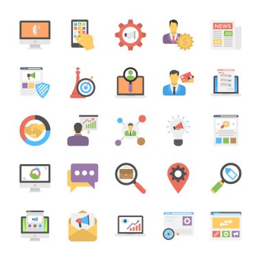 Düz simge seti, medya ve reklam