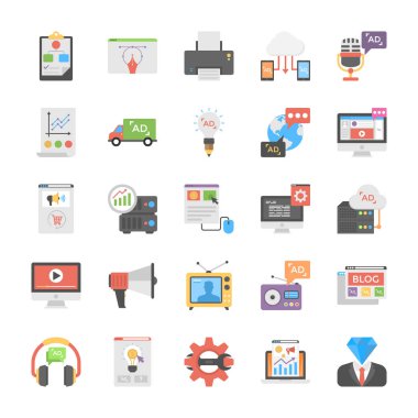 Medya ve reklam düz Icon Set