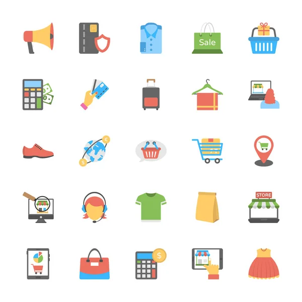 Icônes Plates Ensemble Shopping Commerce — Image vectorielle