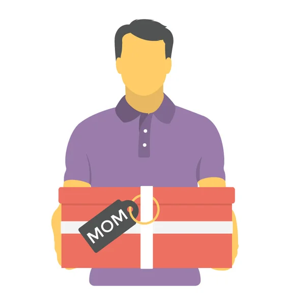 Icono Plano Hombre Sosteniendo Regalo Con Etiqueta Mamá — Vector de stock