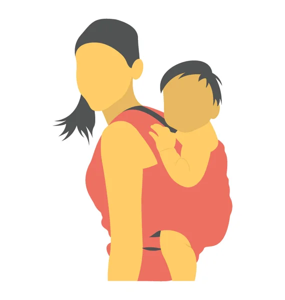 平面图标设计一个母亲背着她的孩子在她的背部吊索 婴儿承运人 — 图库矢量图片