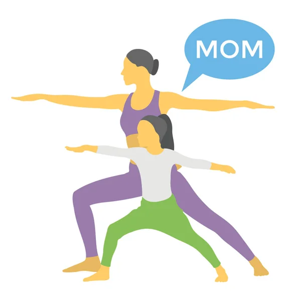 Flat Icon Super Mom Daughter Practicing Yoga Playful Style — Stock Vector