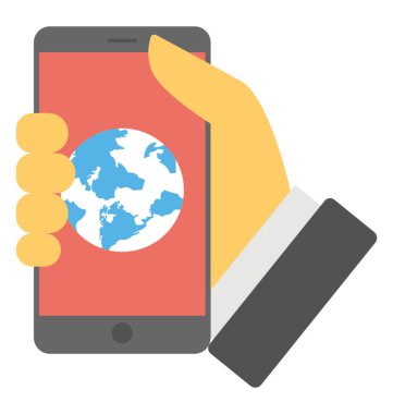 Ekranda bir smartphone ile dünya küre tutan el 