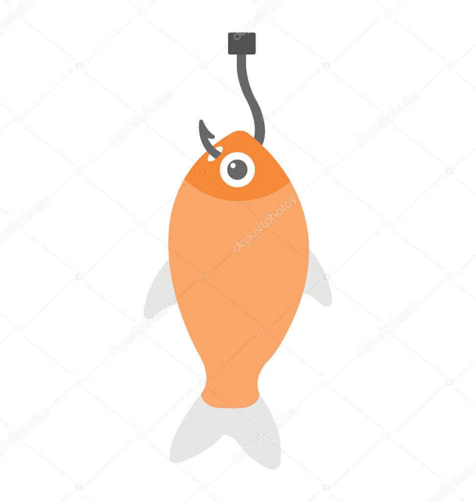 Fish caught in a fishing hook, flat vector icon