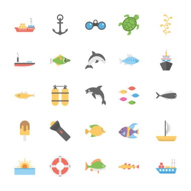 Okyanus ve deniz yaşamı simgeler paketi 