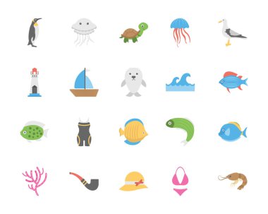 Deniz yaşamını ve okyanus Vector Icons Set 