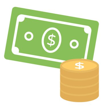 Bir dolarlık banknot ve nakit, düz vektör simge temsil eden sikke yığını 