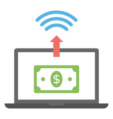 Dolar ve online bankacılık düz vektör simge gösteren sinyalleri ile bir dizüstü bilgisayar makine